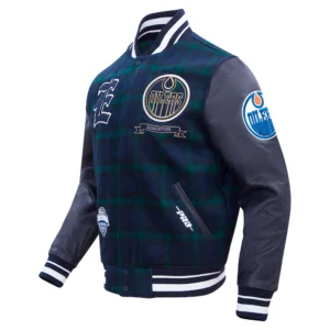 Edmonton oilers pro standard prep plaid navy wool leather varsity jacket 2