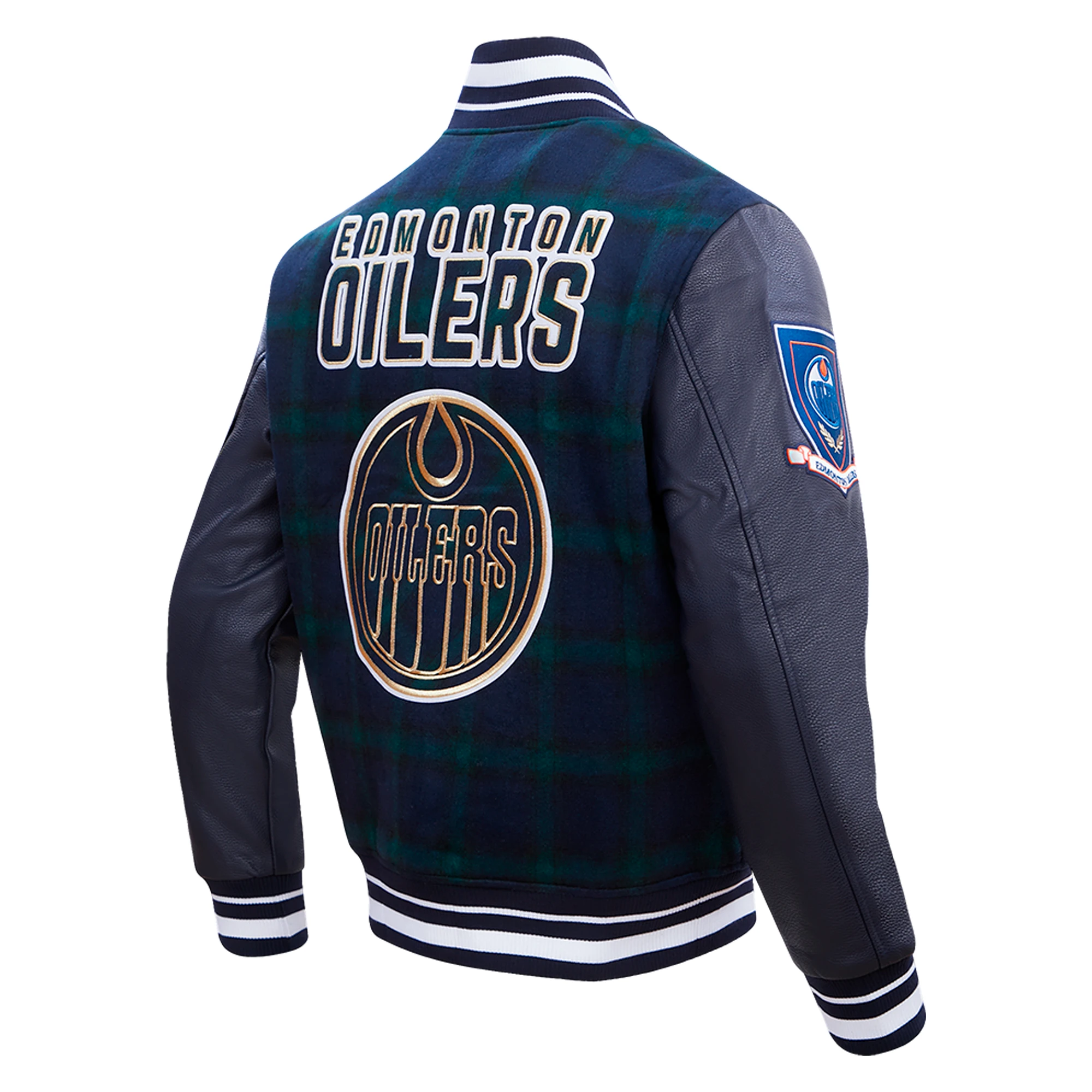 Edmonton oilers pro standard prep plaid navy wool leather varsity jacket 3