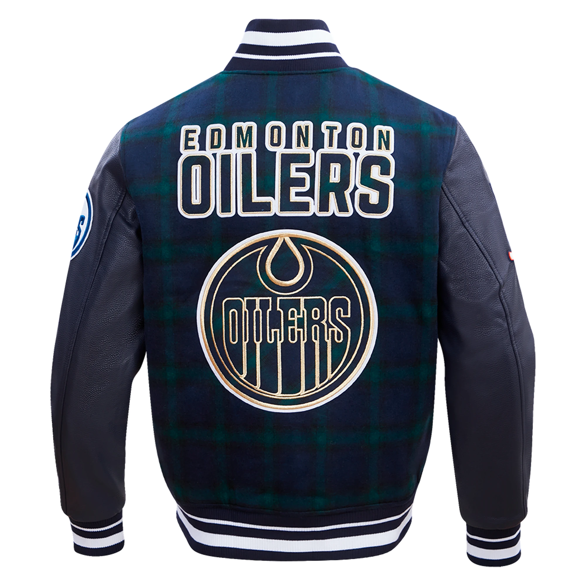 Edmonton oilers pro standard prep plaid navy wool leather varsity jacket 4