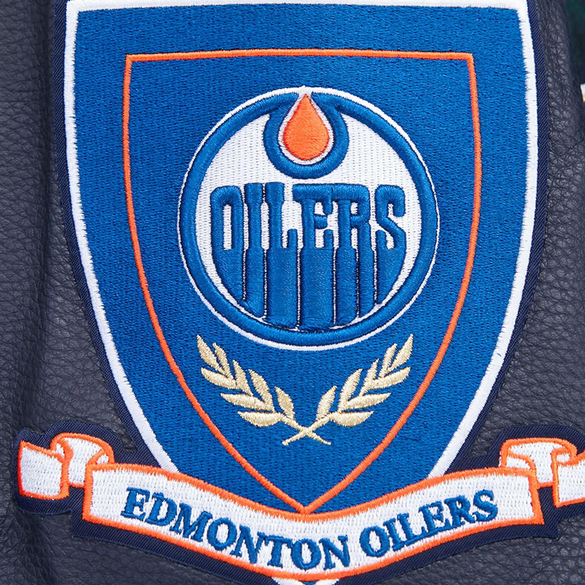 Edmonton oilers pro standard prep plaid navy wool leather varsity jacket 7