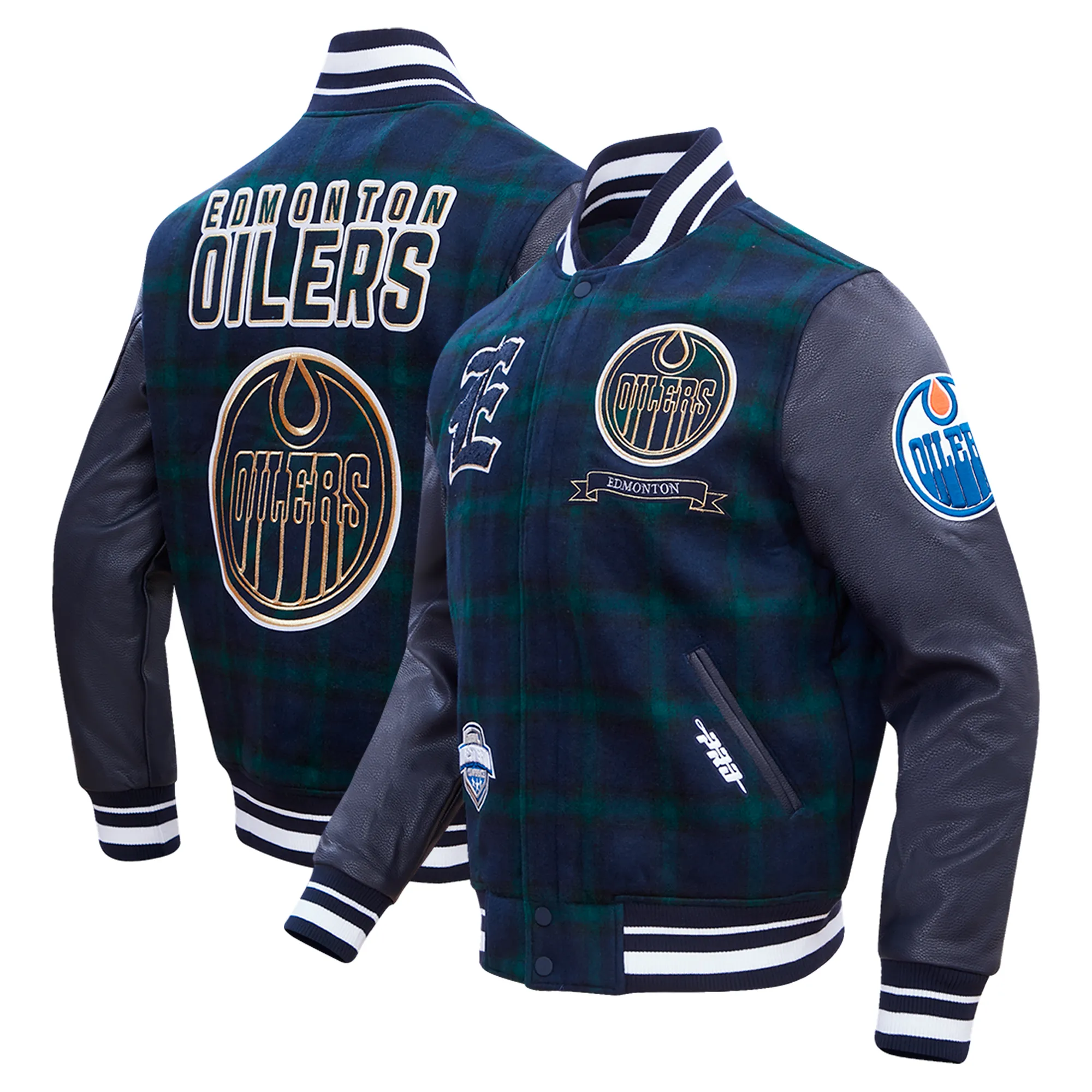 Edmonton oilers pro standard prep plaid navy wool leather varsity jacket 9