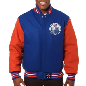 Edmonton oilers two tone wool varsity jacket blue orange 1