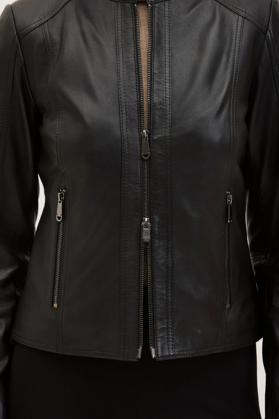 Full zip womens cafe racer black leather jacket
