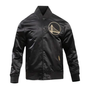 Golden state warriors black gold full snap satin varsity jacket black 1