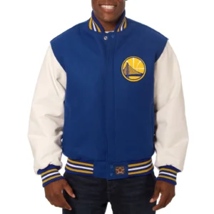 Golden state warriors domestic two tone wool and leather jacket blue white 1