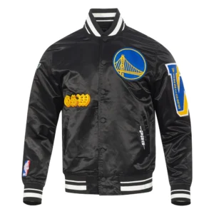 Golden state warriors old english black rib satin jacket