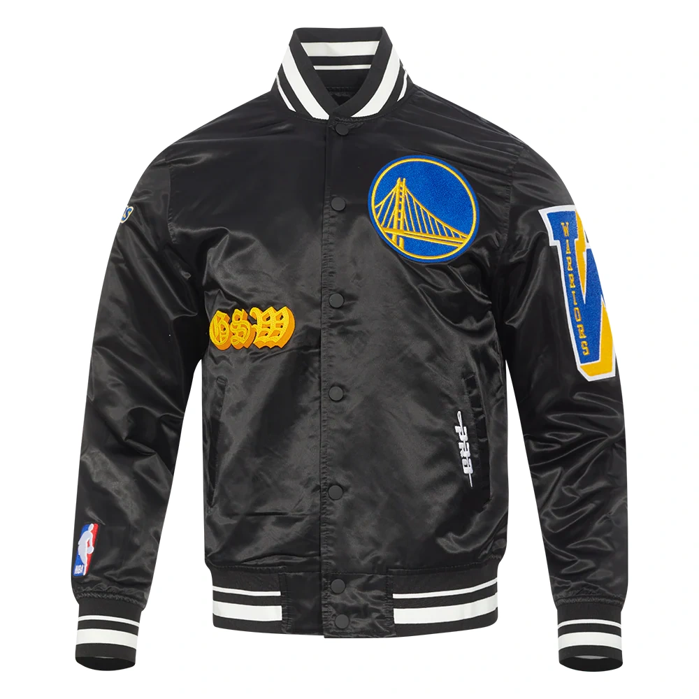 Golden state warriors old english black rib satin jacket