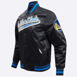 Golden state warriors pro standard script tail black satin varsity jacket 1