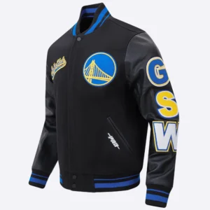 Golden state warriors pro standard script tail black varsity jacket 1