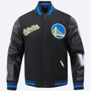 Golden state warriors pro standard script tail black varsity jacket 2