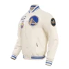 Golden state warriors retro classic full snap satin varsity jacket cream 2