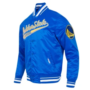 Golden state warriors script full snap satin varsity jacket blue 5