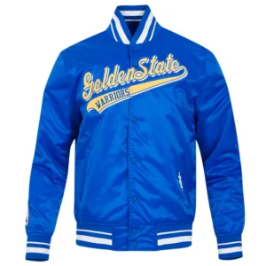Golden state warriors script full snap satin varsity jacket blue 6