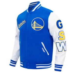 Golden state warriors script tail wool leather varsity jacket blue white 5