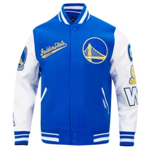 Golden state warriors script tail wool leather varsity jacket blue white 6