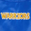 Golden state warriors script womens full snap satin varsity jacket blue 1
