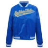 Golden state warriors script womens full snap satin varsity jacket blue 5