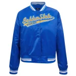 Golden State Warriors Script Tail Women's Blue Satin Jacket