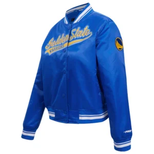 Golden state warriors script womens full snap satin varsity jacket blue 6