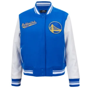 Golden state warriors script womens wool leather varsity jacket blue white 6