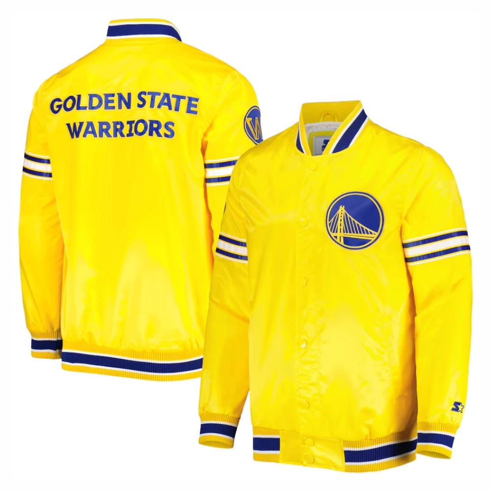Golden state warriors slider full snap satin varsity jacket yellow 1