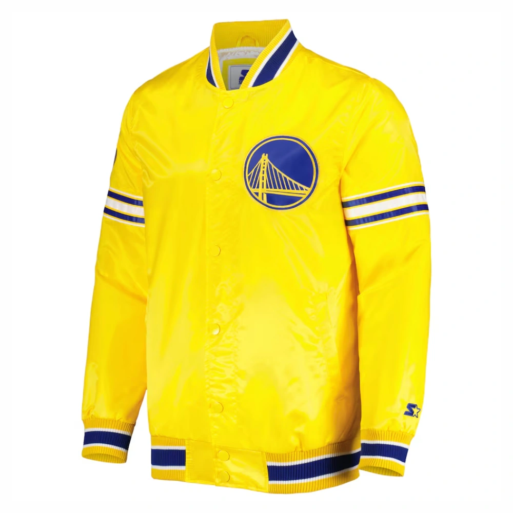 Golden state warriors slider full snap satin varsity jacket yellow 2