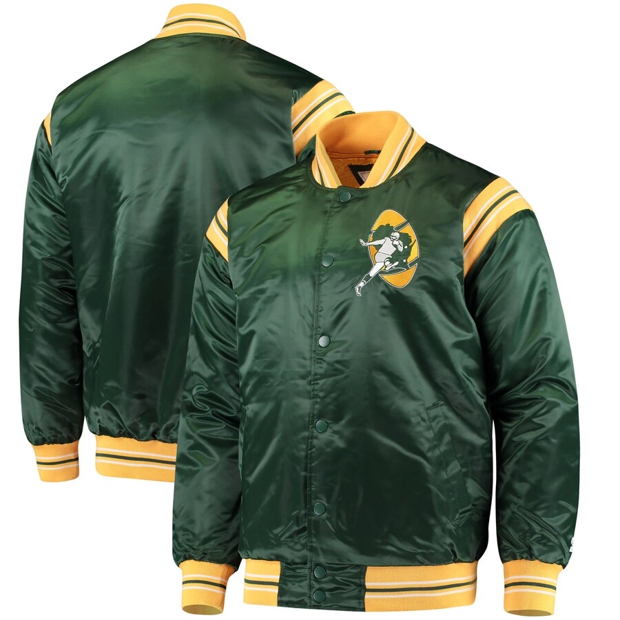 Green bay packers enforcer full snap satin varsity jacket navy 3