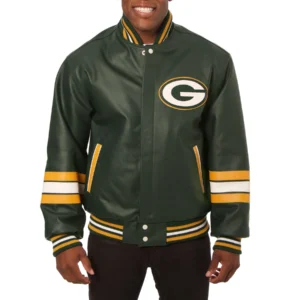 Green bay packers full real leather varsity jacket green 1