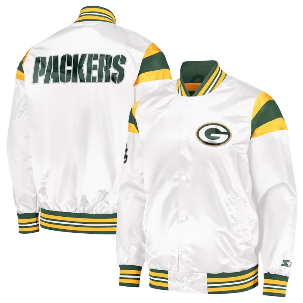 Green bay packers full snap satin varsity jacket white 2