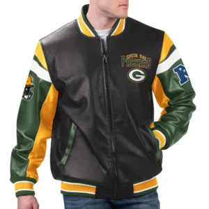 Green bay packers full zip leather varsity jacket black 1