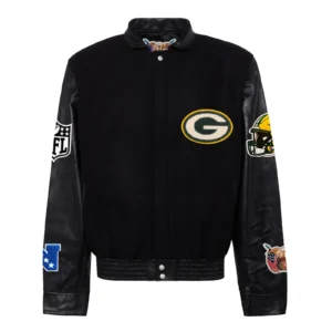 Green bay packers jeff hamilton wool leather varsity jacket black 1