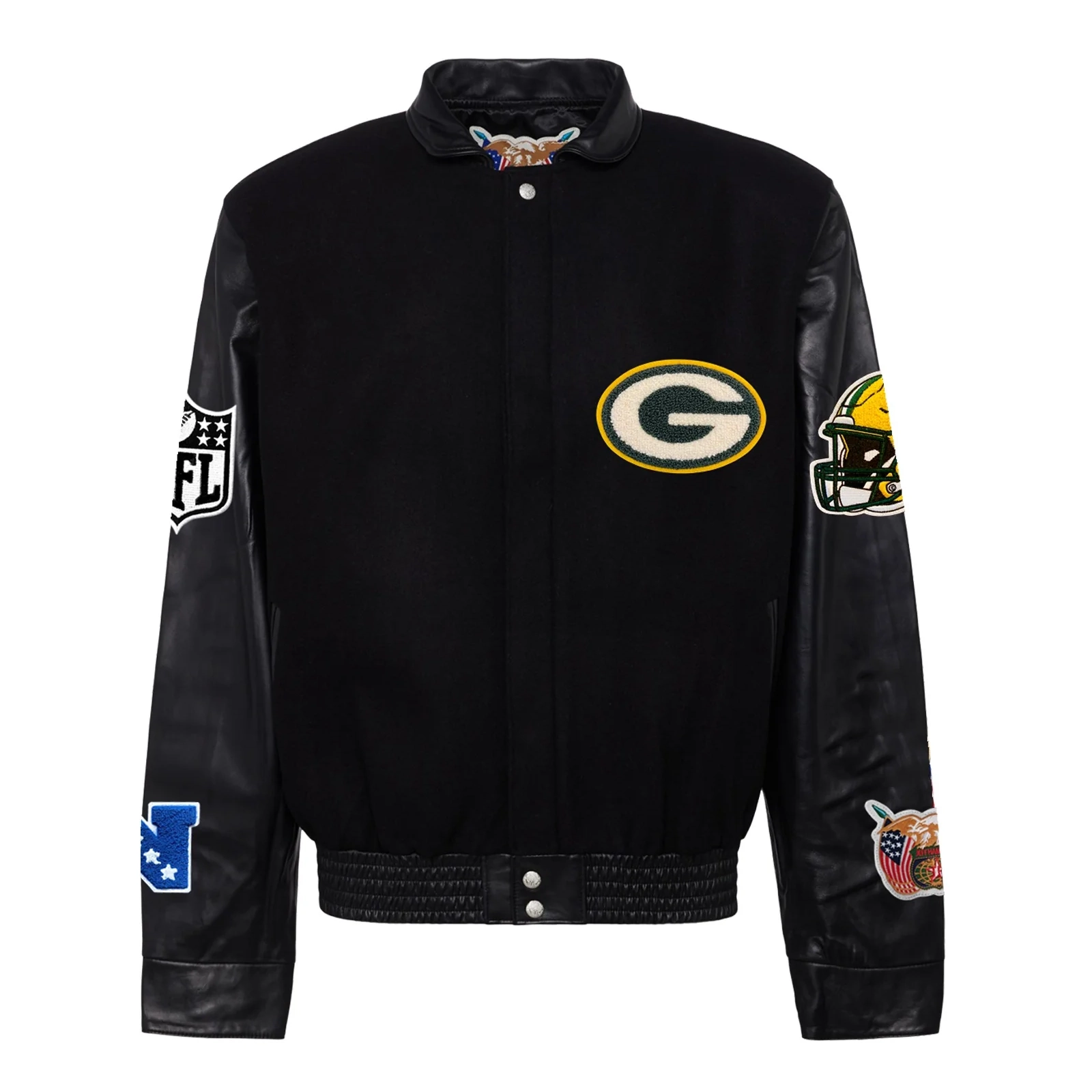 Green bay packers jeff hamilton wool leather varsity jacket black 1