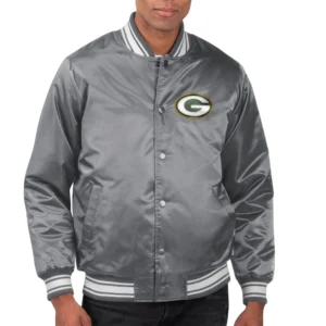 Green bay packers locker room satin varsity jacket gray 1