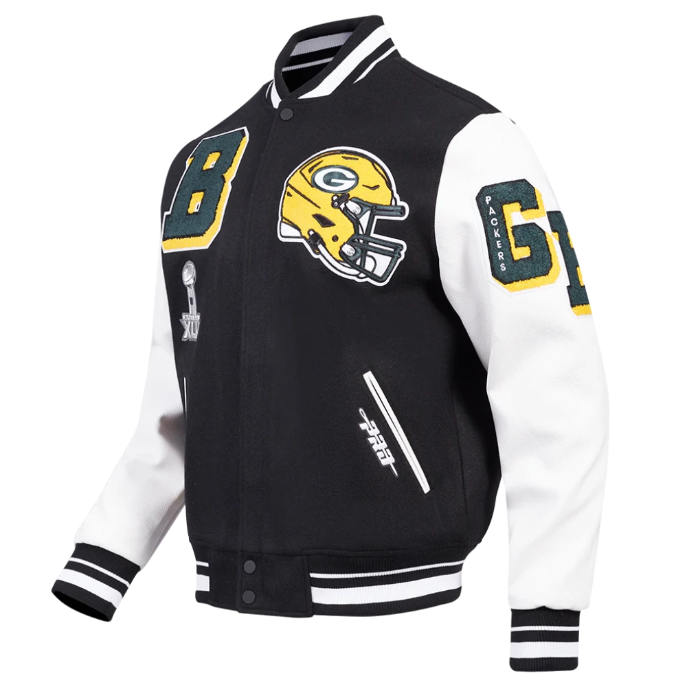 Green bay packers mashup wool leather varsity jacket black 6
