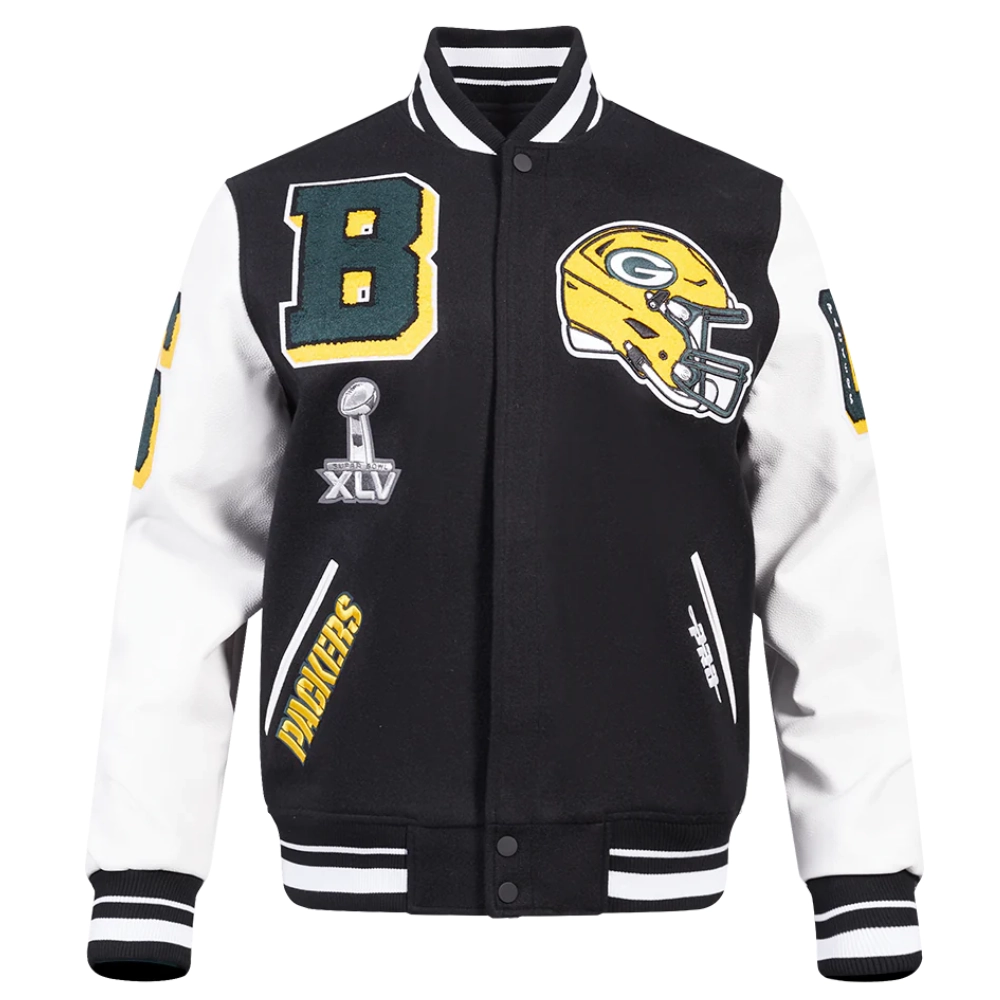 Green bay packers mashup wool leather varsity jacket black 8