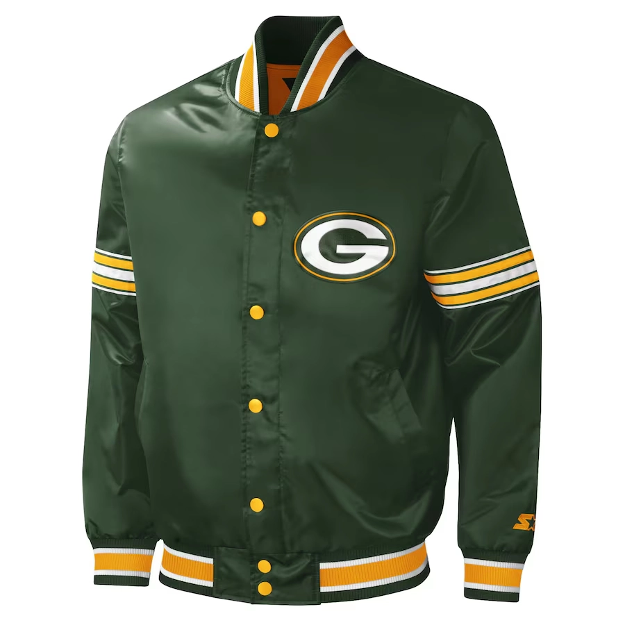 Green bay packers midfield full snap satin varsity jacket green 3