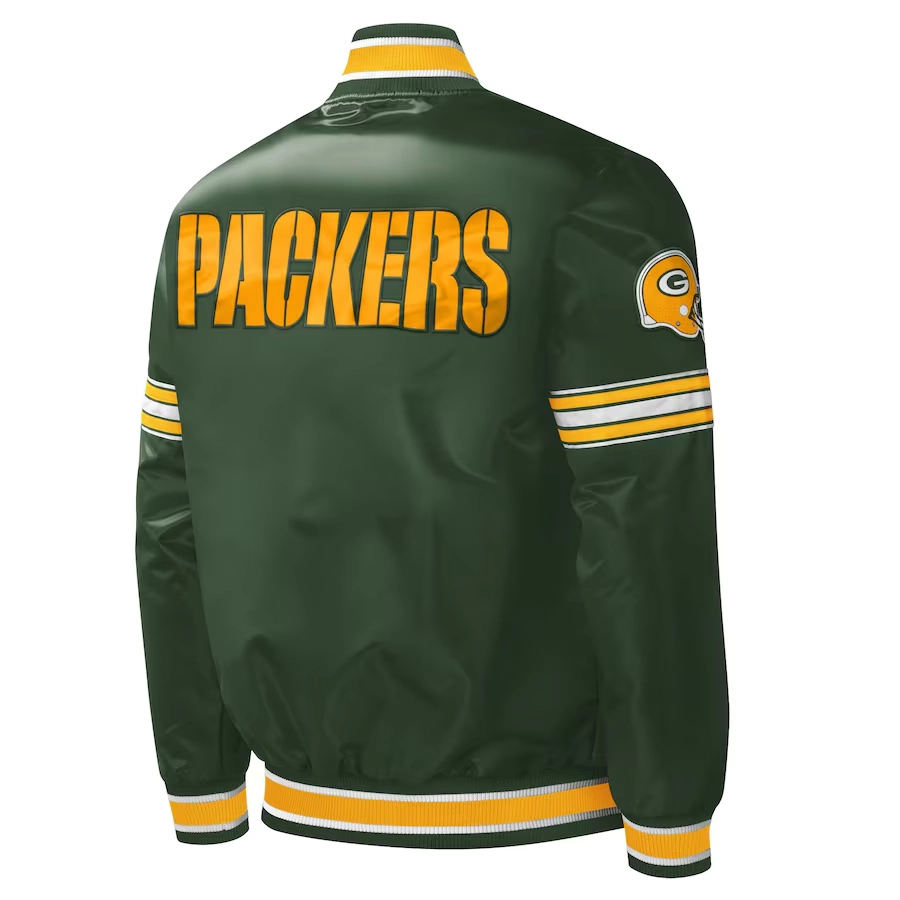 Green bay packers midfield full snap satin varsity jacket green 4