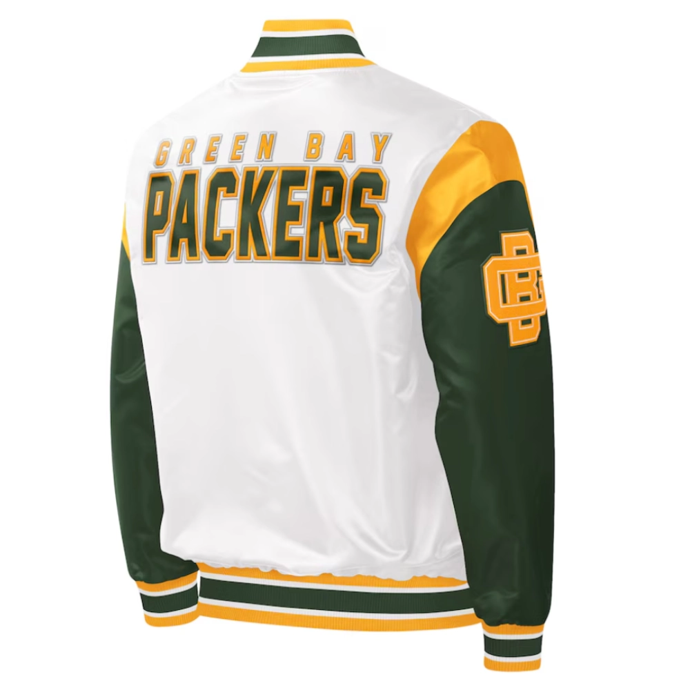 Green bay packers pitch full snap satin varsity jacket white green 2