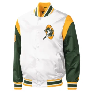 Green bay packers pitch full snap satin varsity jacket white green 3