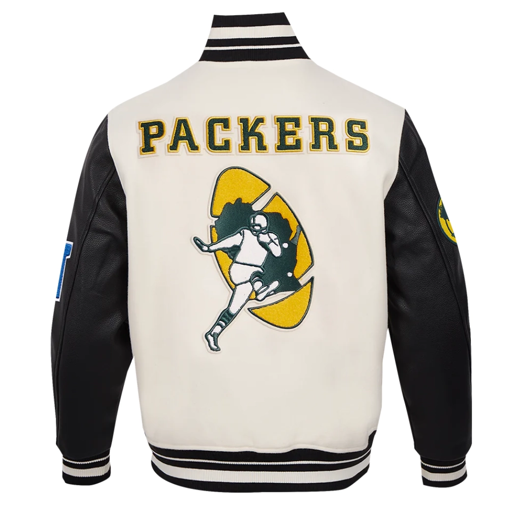 Green bay packers retro classic wool leather varsity jacket white black 1