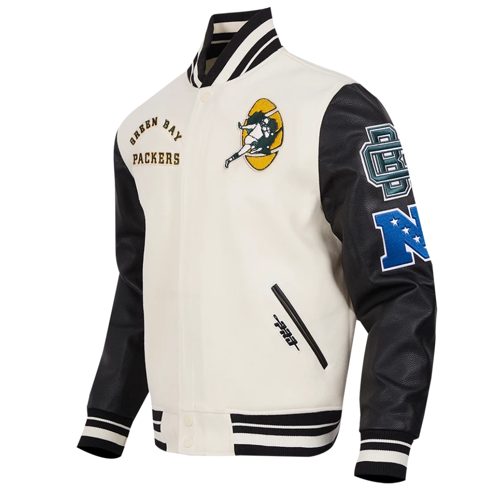 Green bay packers retro classic wool leather varsity jacket white black 2