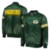 Green bay packers starter pick and roll full snap satin varsity jacket green 1