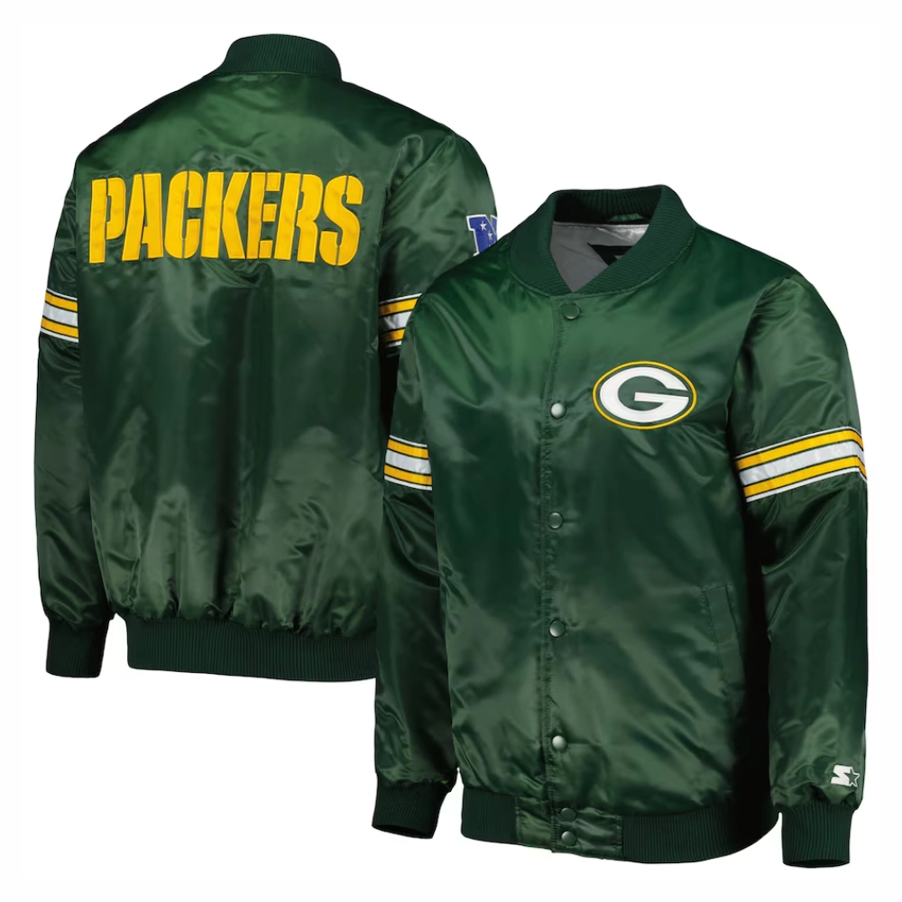 Green bay packers starter pick and roll full snap satin varsity jacket green 1