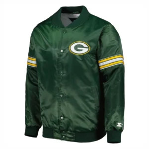 Green bay packers starter pick and roll full snap satin varsity jacket green 2
