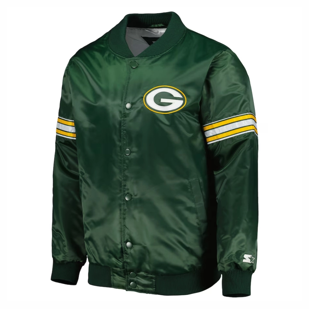 Green bay packers starter pick and roll full snap satin varsity jacket green 2
