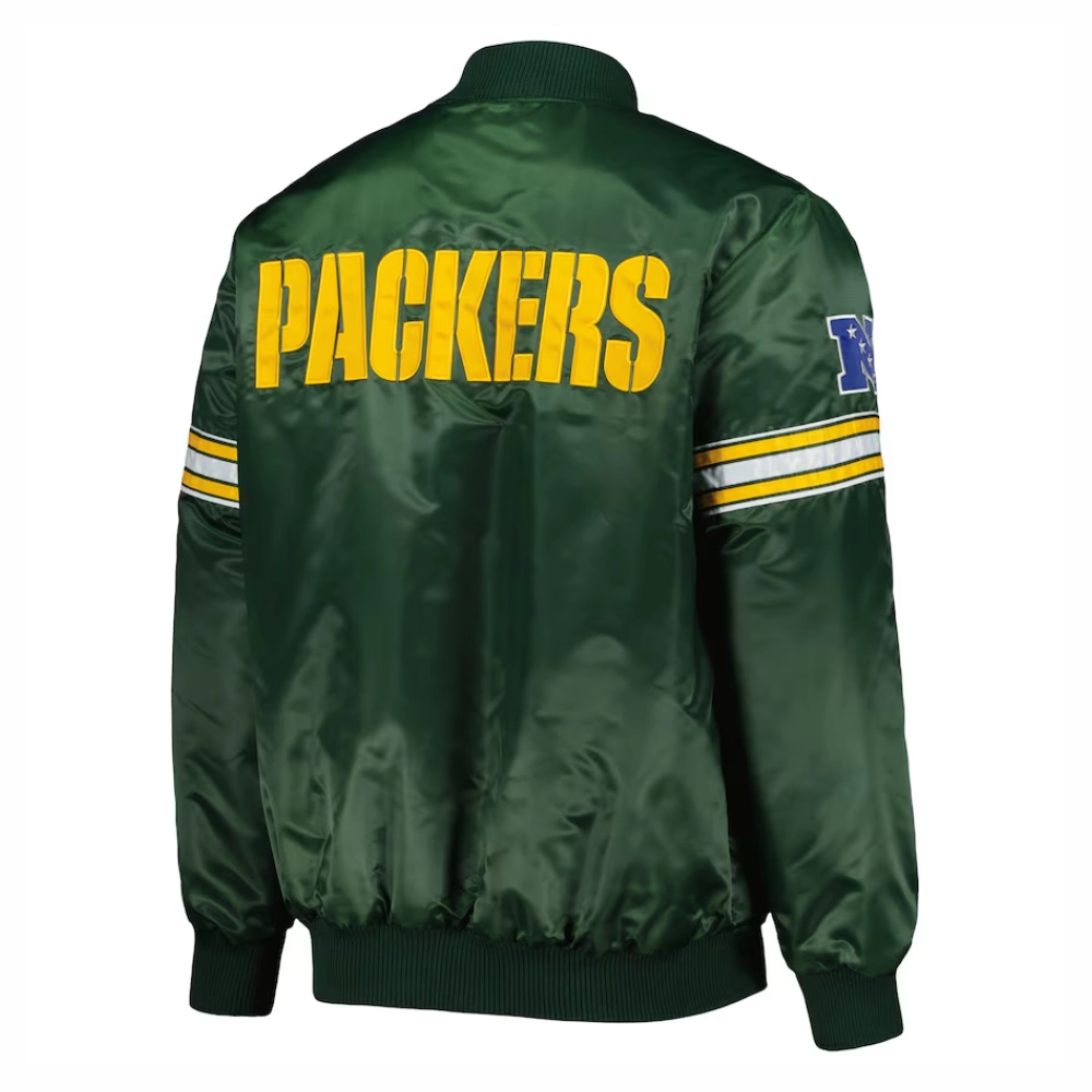 Green bay packers starter pick and roll full snap satin varsity jacket green 4