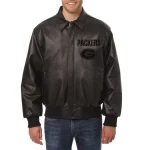 Green Bay Packers Shirt Collar Black Leather Bomber Jacket