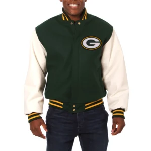 Green bay packers two tone wool leather varsity jacket green white 1