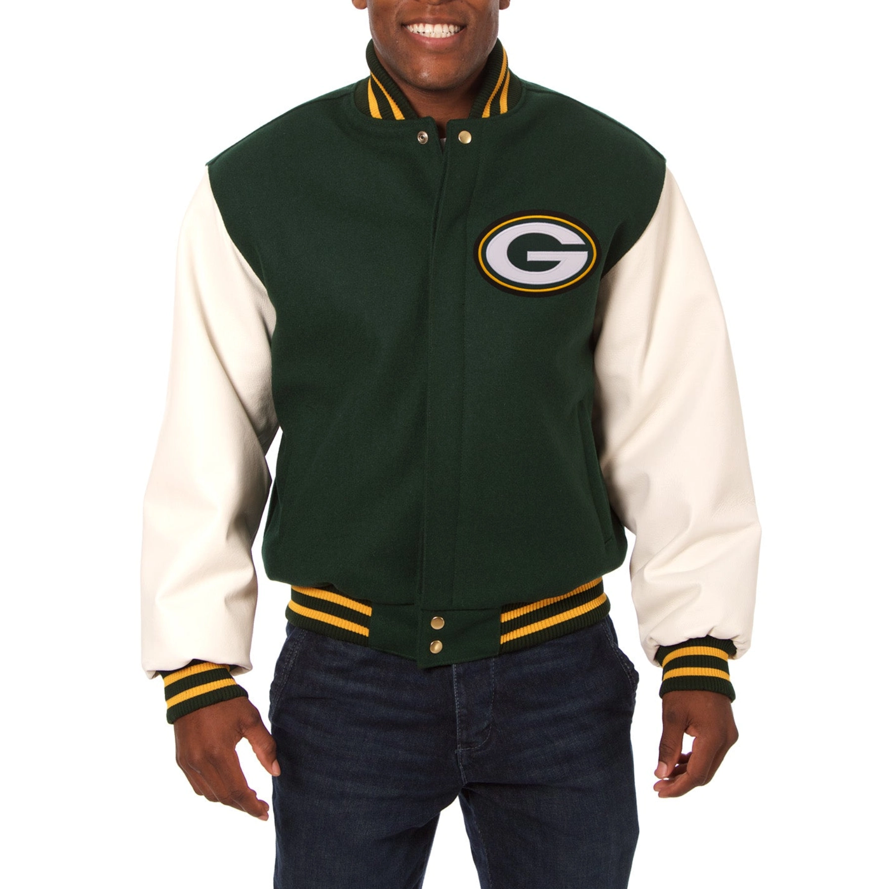 Green bay packers two tone wool leather varsity jacket green white 1