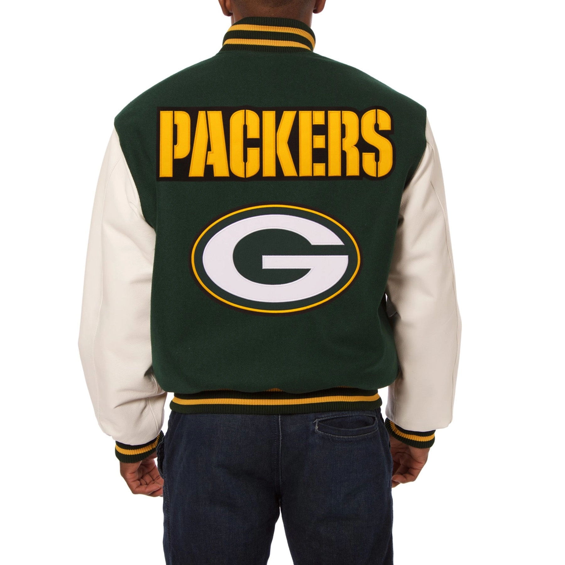 Green bay packers two tone wool leather varsity jacket greenwhite 1 1